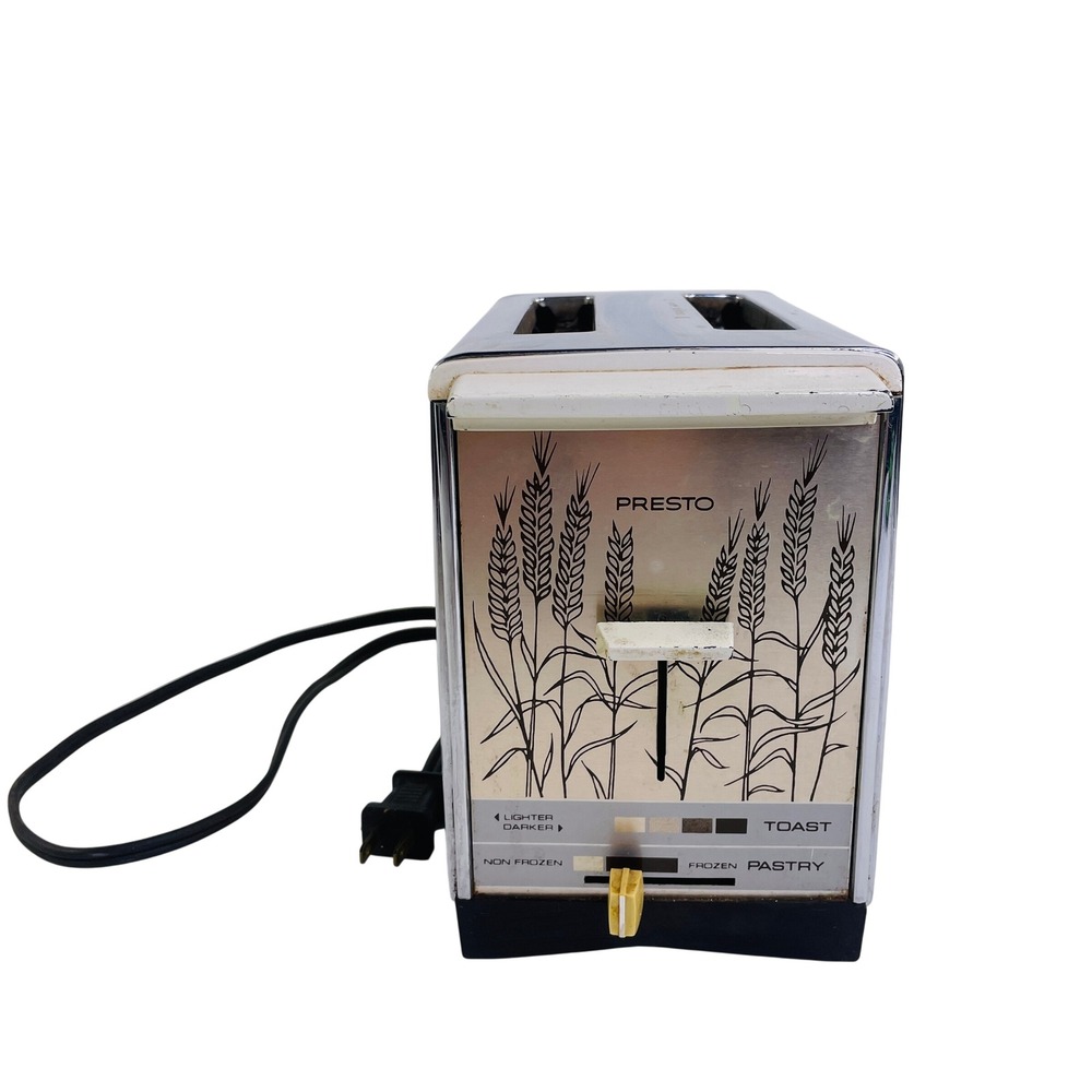 Vintage Presto 2 Slice Toaster Chrome Wheat Graphic Retro Kitchen Appliance